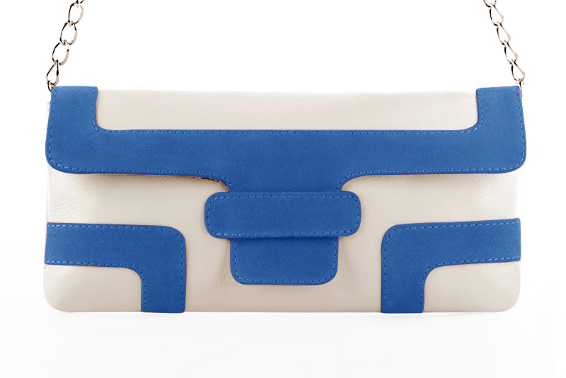Small dressy baguette bag in off white and electric blue leather - Profile view